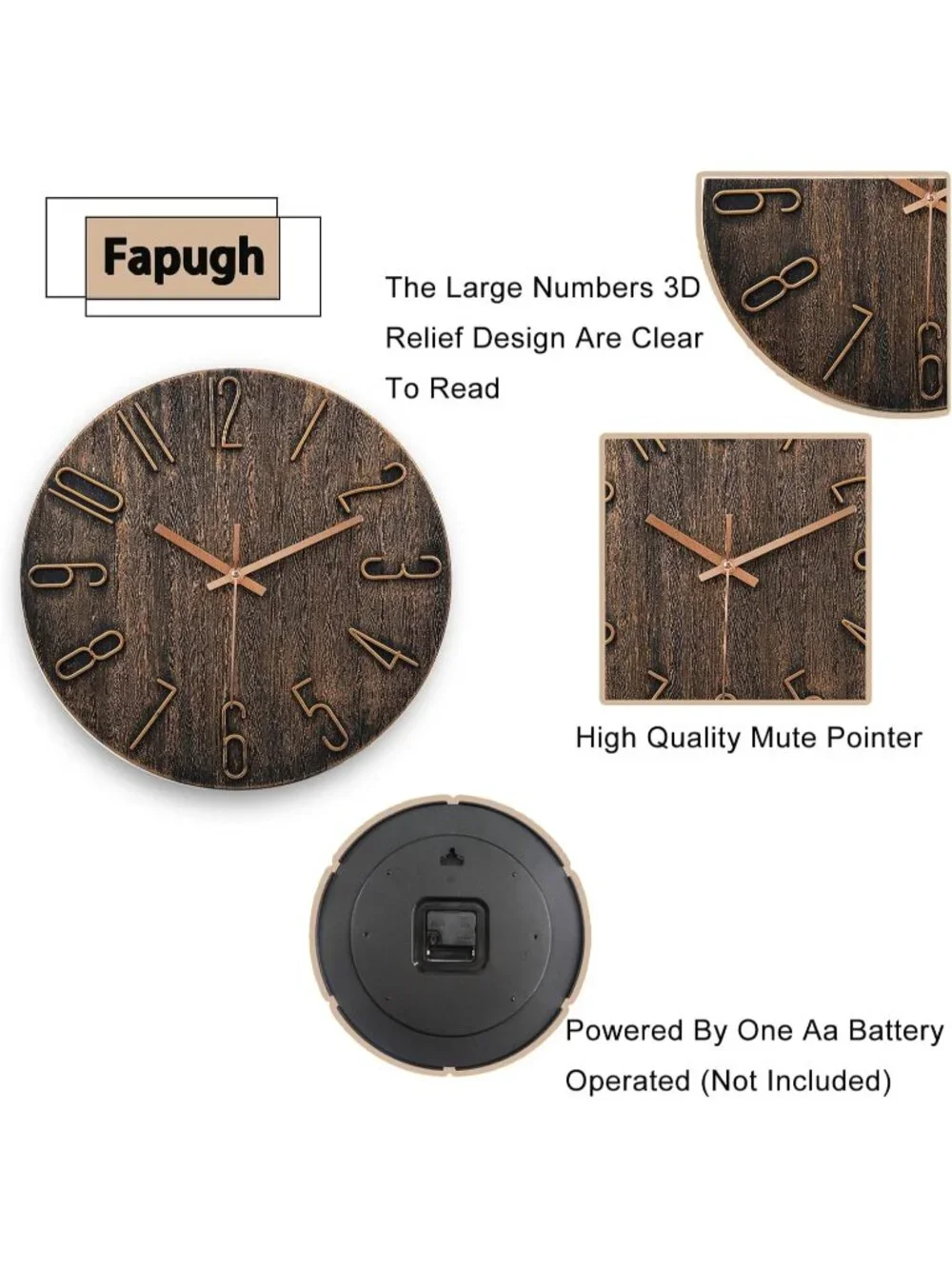 New Brown 12 Inch Silent Battery Operated Modern Wall Clock Large Number Dial